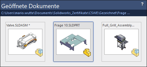 Screenshots SOLIDWORKS Geöffnete Dokumente - Allgemeine Shortcuts